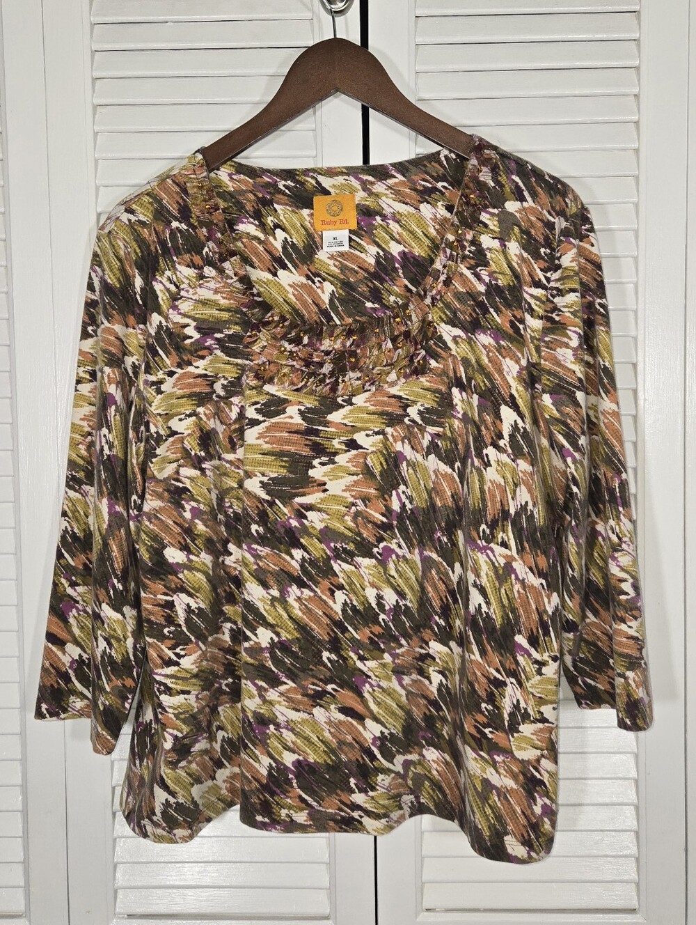 Ruby Rd Abstract Paint Stroke Pattern Embellished Scoop 3/4 Sleeve Blouse Sz XL